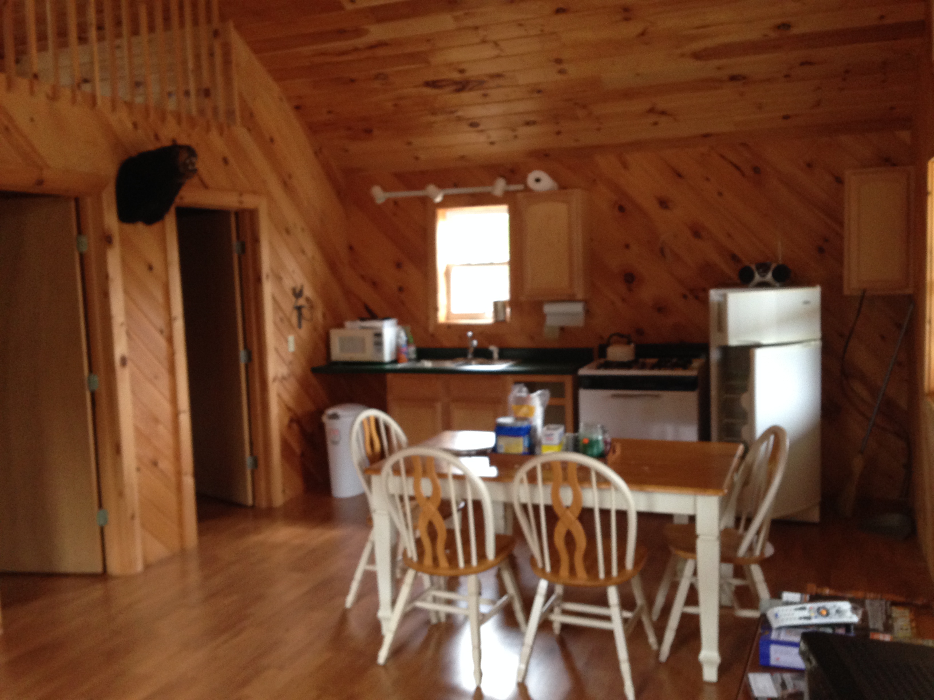 Wood-paneled lodge kitchen and dining area